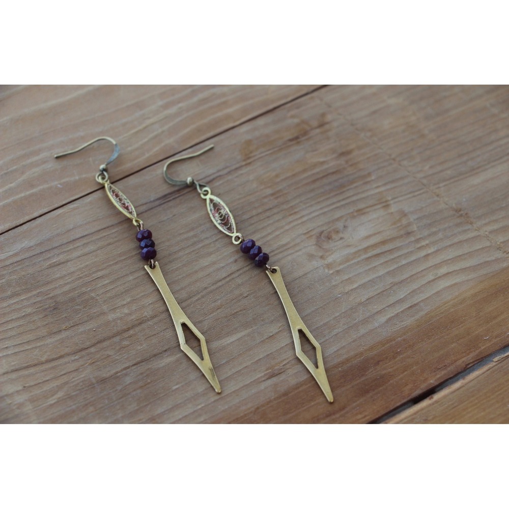 art deco inspired Brass Filigree and garnet dangle earrings